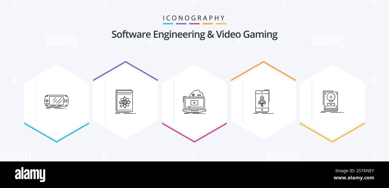 Software Engineering e Video Gaming 25 Line pacchetto icone con inizio. gioco. piattaforma. video. online Illustrazione Vettoriale