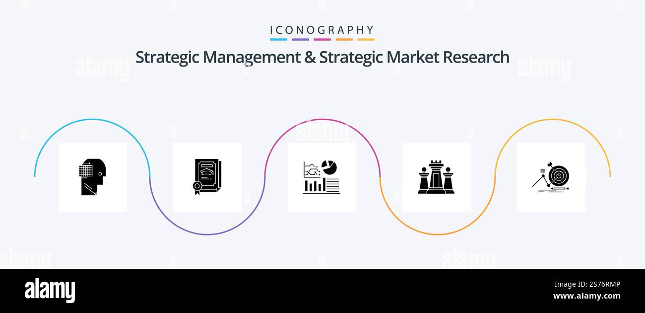Strategic Management and Strategic Market Research Glyph 5 Icon Pack incluso target. tattica. grafico. strategia. scacchi Illustrazione Vettoriale