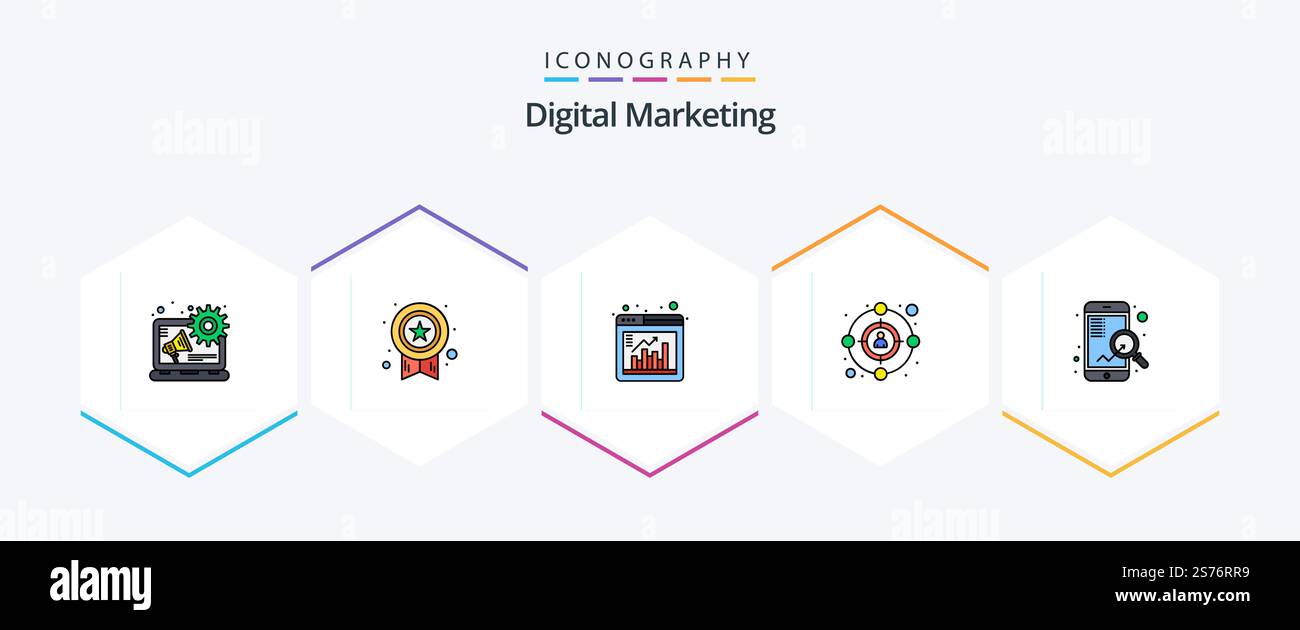 Digital Marketing 25 pacchetto icone FilledLine incluso seo. cellulare. bar. veloce. cliente Illustrazione Vettoriale