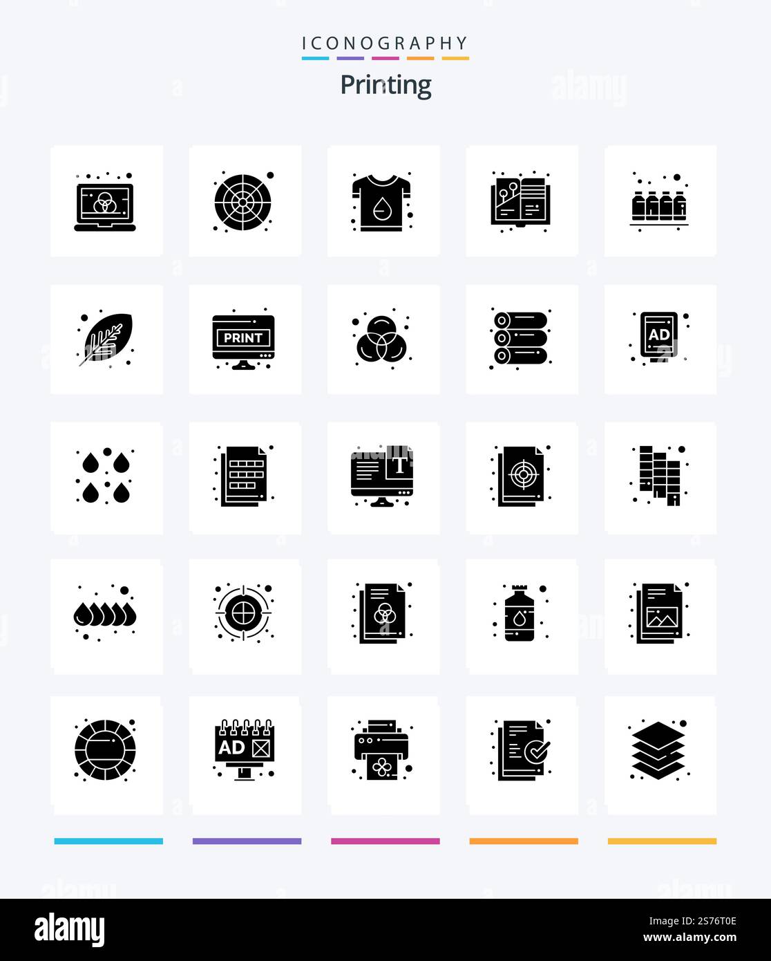 Pacchetto icone 25 Glyph Solid Black per la stampa creativa, ad esempio un libro da dipingere. design. campione. stampa art Illustrazione Vettoriale