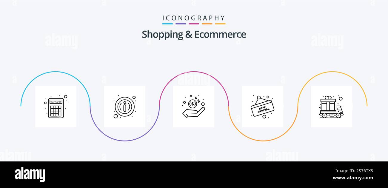 Shopping ed Ecommerce Line 5 Icon Pack con consegna inclusa. scheda. contanti. shopping. arrivo Illustrazione Vettoriale