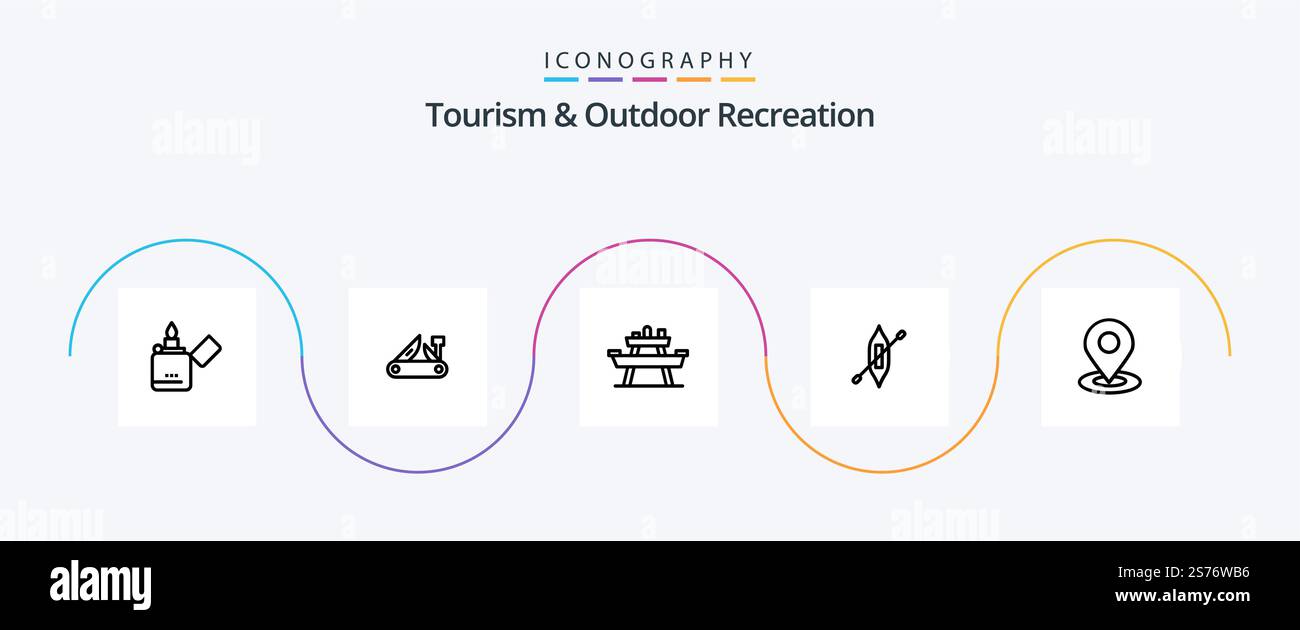 Pacchetto icone Tourism and Outdoor Recreation Line 5 con nave inclusa. canoa. svizzera. barca. sedile Illustrazione Vettoriale