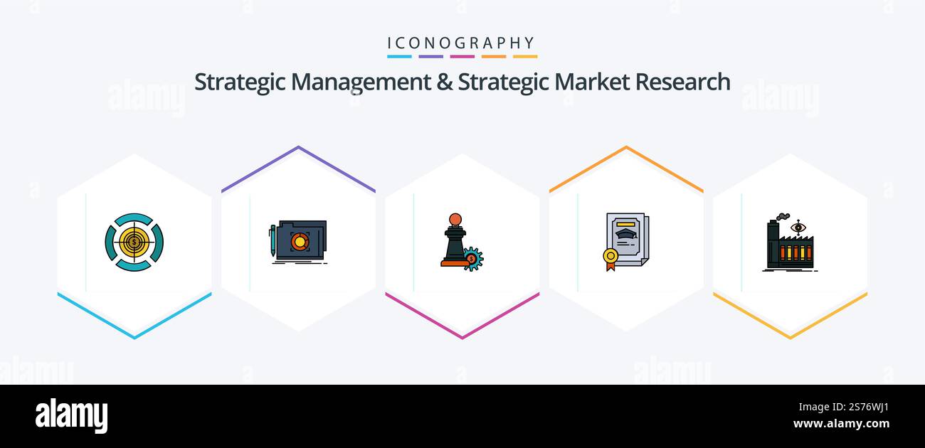 Strategic Management and Strategic Market Research 25 pacchetto icone FilledLine con fabbrica inclusa. laureato. scacchi. certificato. grado Illustrazione Vettoriale