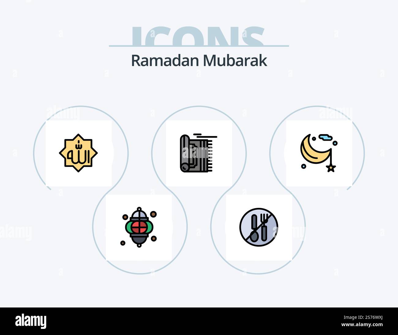 Ramadan linea riempito icona Pack 5 icona Design. donazione. mano. islam. moschea. lampada Illustrazione Vettoriale
