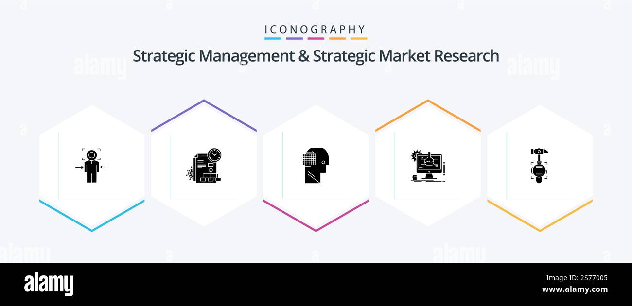 Strategic Management and Strategic Market Research 25 Glyph Icon pacchetto HAMMER. esso. business. sperimenta. business Illustrazione Vettoriale