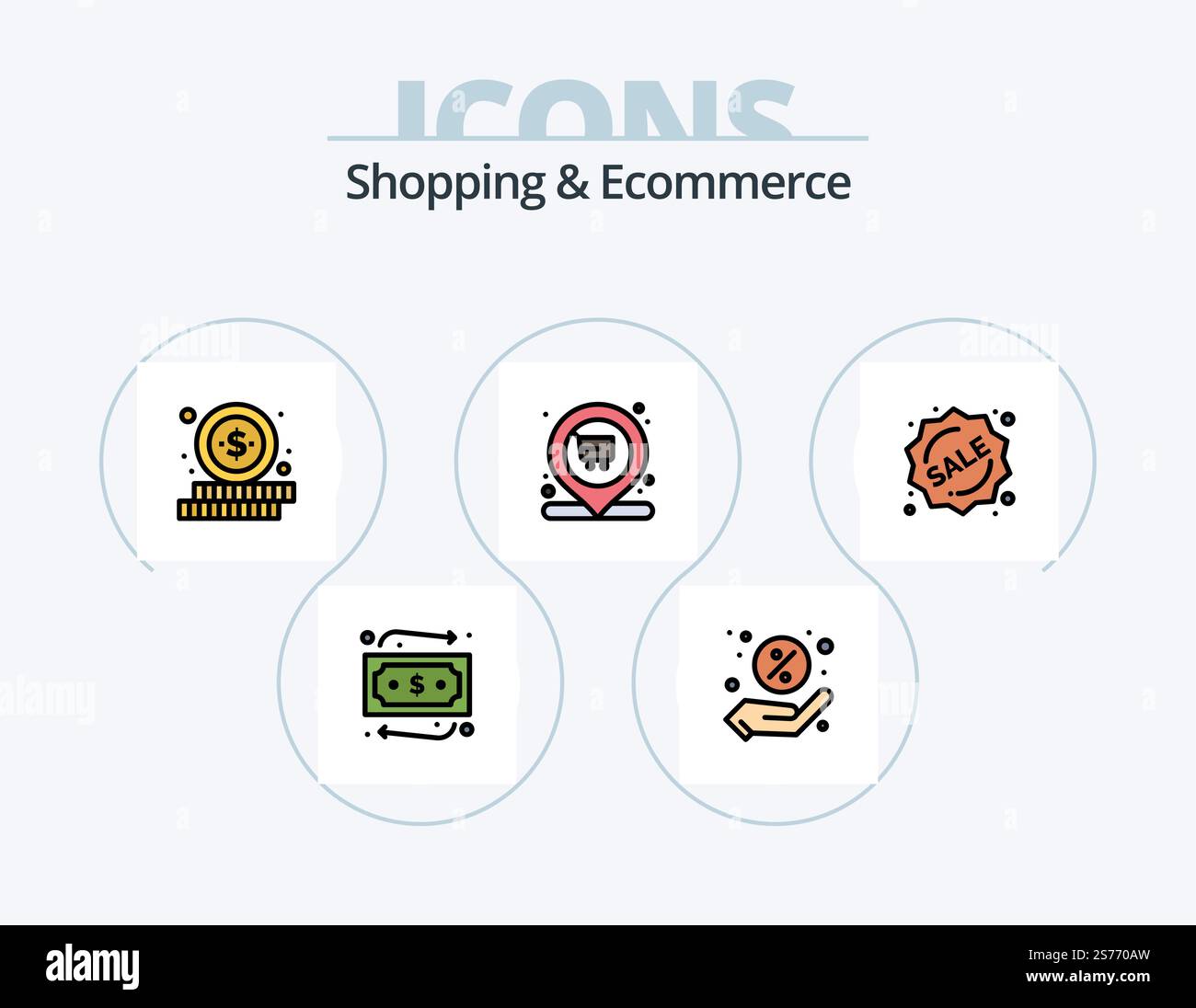 Shopping ed Ecommerce Line Ffilled Icon Pack 5 Icon Design. dettagli. matematica. internazionale. calcolatrice. denaro Illustrazione Vettoriale