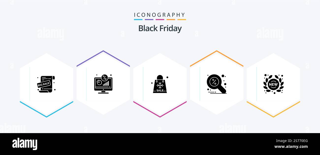 Black Friday 25 pacchetto icone glyph con ricerca inclusa. trova. schermo. sconto. stagioni Illustrazione Vettoriale