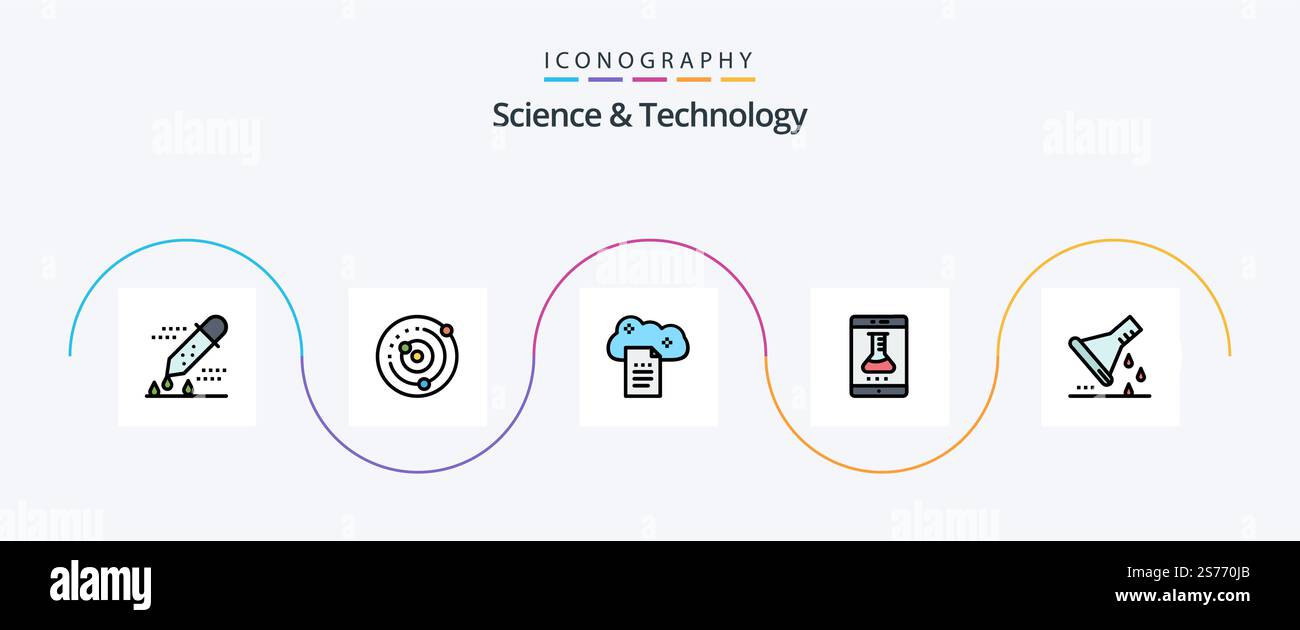 Pacchetto icone linea Science and Technology 5 completo di laboratorio online. app lab. sistema solare. documenti sky. memorizzazione dei file Illustrazione Vettoriale