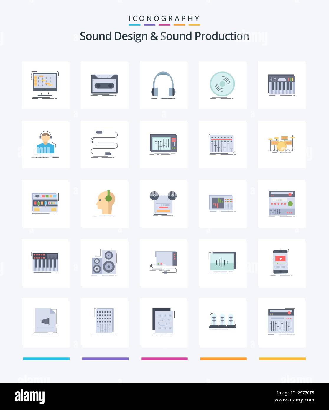Creative Sound Design and Sound Production 25 pacchetto icona piatta come il fonografo. disco. nastro. monolocale. cuffie Illustrazione Vettoriale