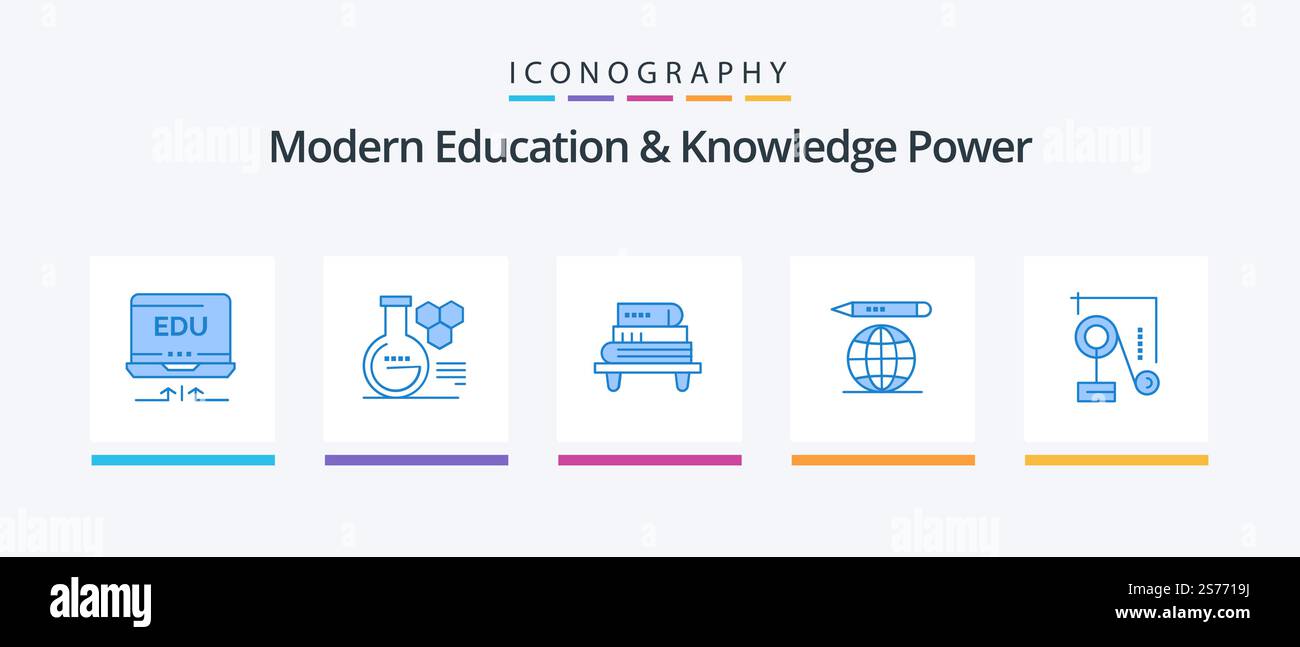 Modern Education and Knowledge Power Blue 5 Icon Pack, istruzione inclusa. esparimento. potenza. matita. mondo. Icone creative Design Illustrazione Vettoriale
