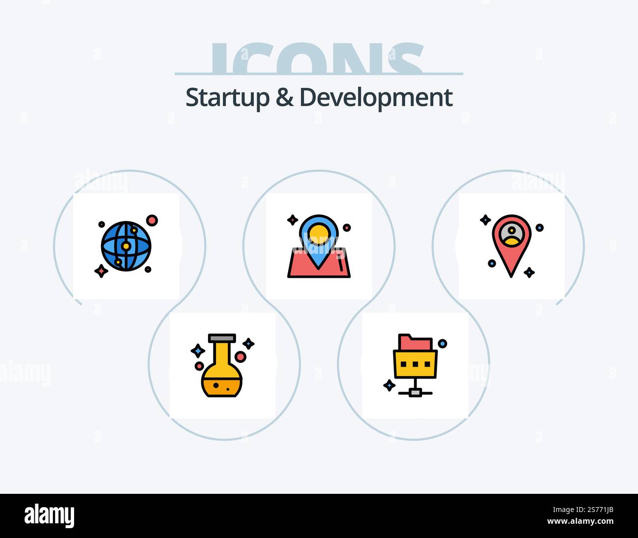 Startup and Develepment Line Comfiled Icon Pack 5 Icon Design. . cartella. tempo. file. test Illustrazione Vettoriale