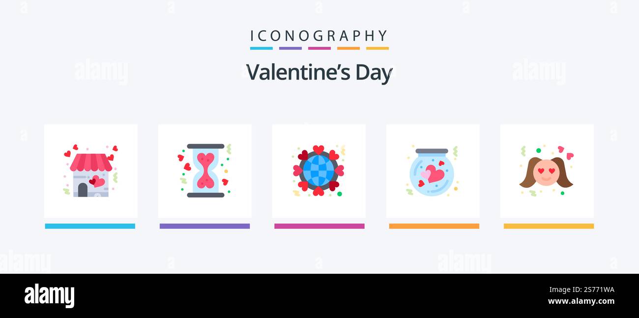 Pacchetto icone Day Flat 5 di San Valentino con scatola Thrift inclusa. cuore. globo. fiasca. mondo. Icone creative Design Illustrazione Vettoriale