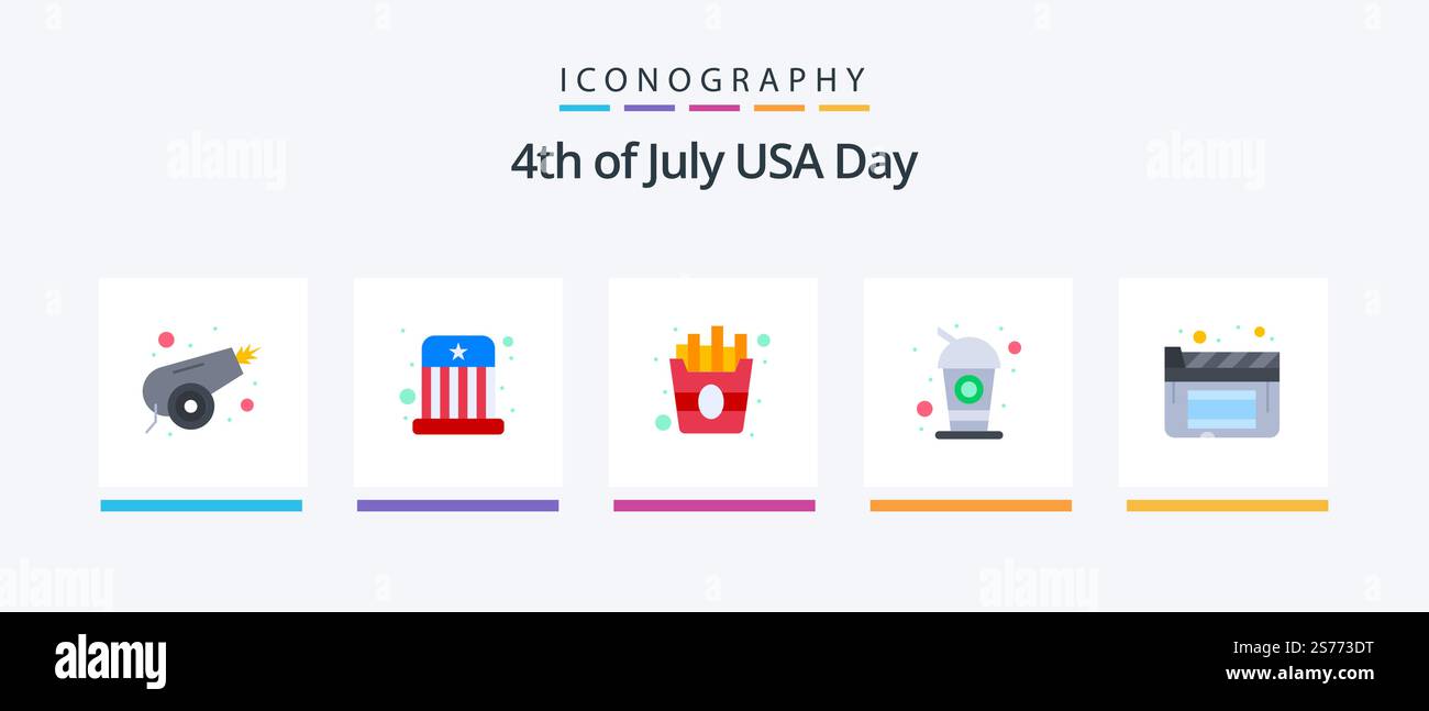 USA Flat 5 Icon Pack con film. cinema. veloce. soda. cola. Icone creative Design Illustrazione Vettoriale