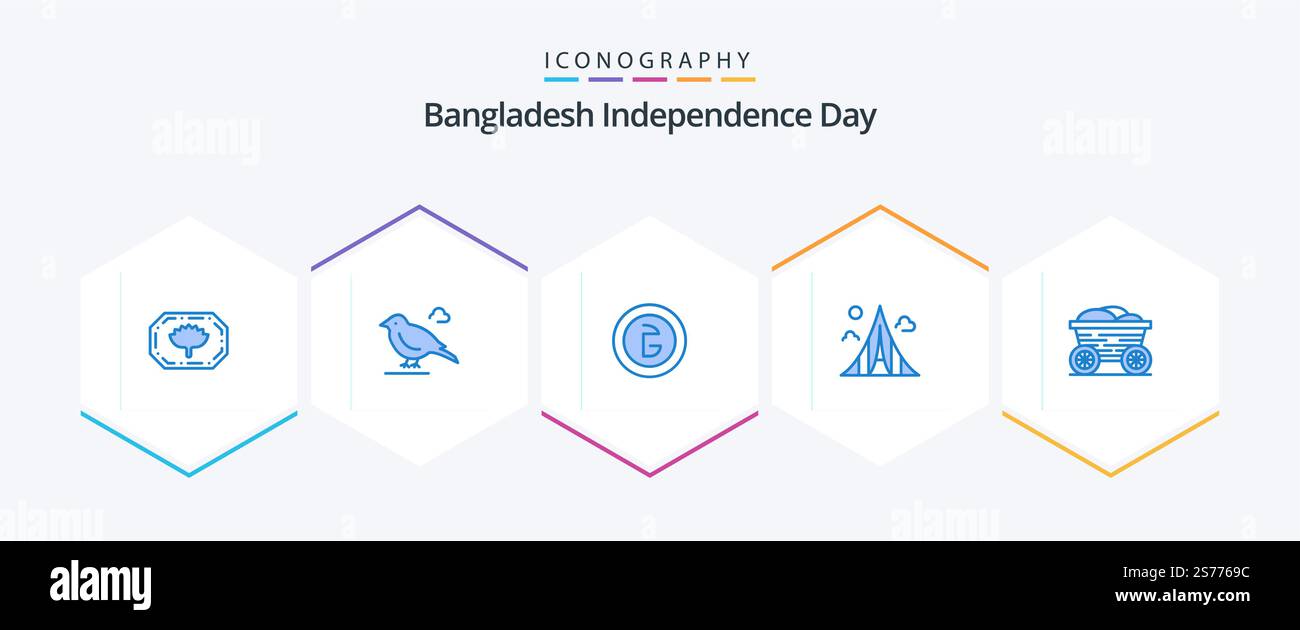 Bangladesh Independence Day 25 pacchetto icone blu con trolley. punto di riferimento. business. estate. edificio Illustrazione Vettoriale