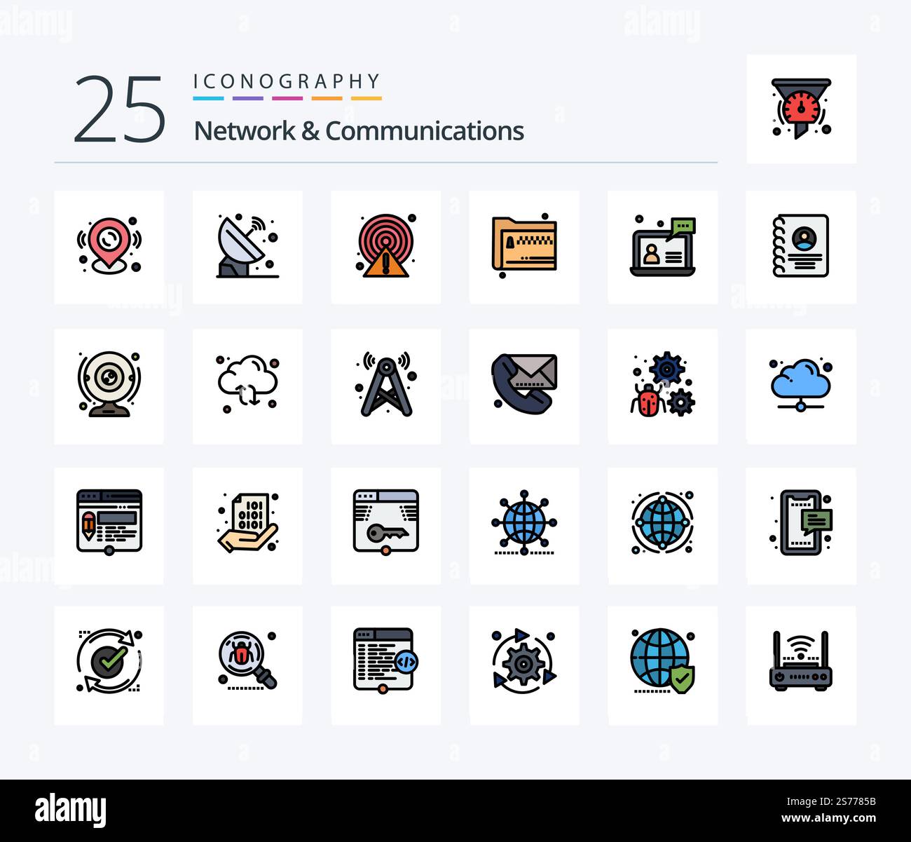 Pacchetto icone Network and Communications 25 Line completo di zip. file. spazio. condividi. punto Illustrazione Vettoriale