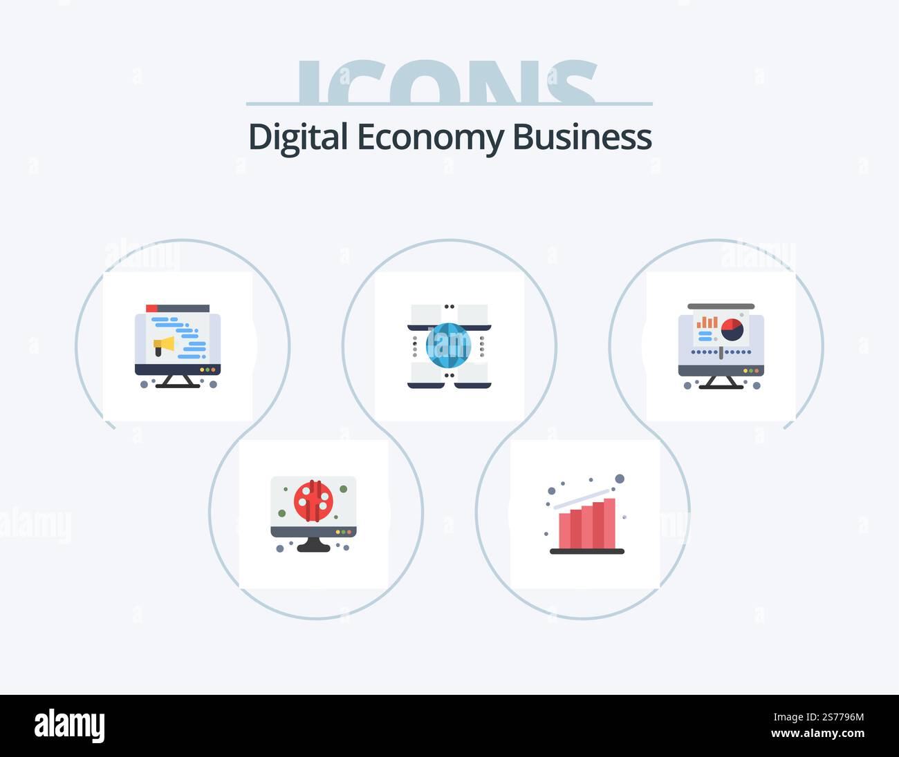 Digital Economy Business Flat Icon Pack 5 Icon Design. . . web. torta. computer Illustrazione Vettoriale