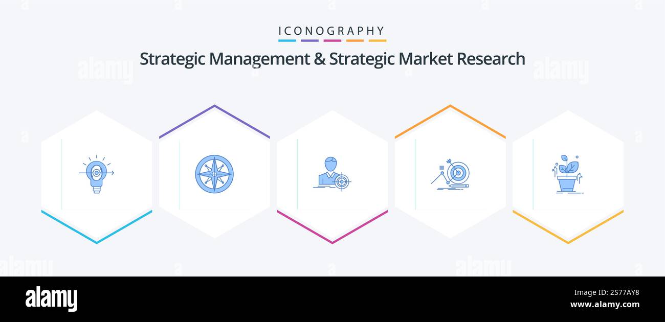 Strategic Management and Strategic Market Research 25 pacchetto icona blu con impianto incluso. obiettivo. posizione. operazione riuscita. obiettivo Illustrazione Vettoriale