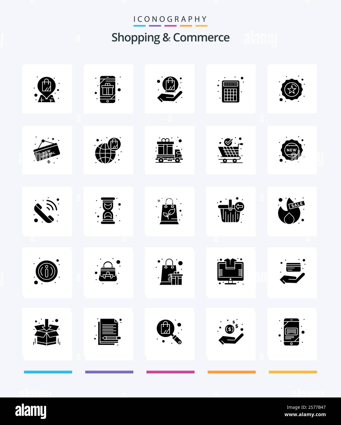 Pacchetto icone Creative Shopping and Commerce 25 Glyph Solid Black come badge. matematica. sorpresa. calcolatrice. shopping Illustrazione Vettoriale