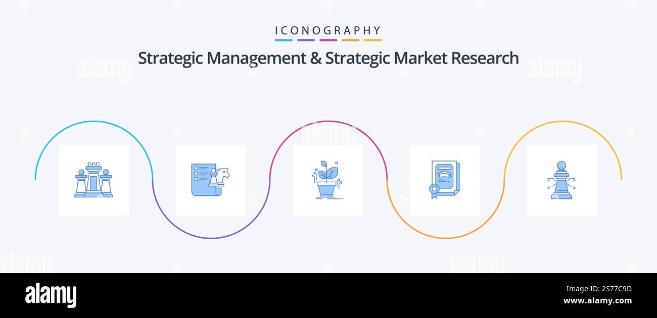 Strategic Management and Strategic Market Research Blue 5 Icon Pack che include scacchi. certificato. pianificazione. risultato. operazione riuscita Illustrazione Vettoriale