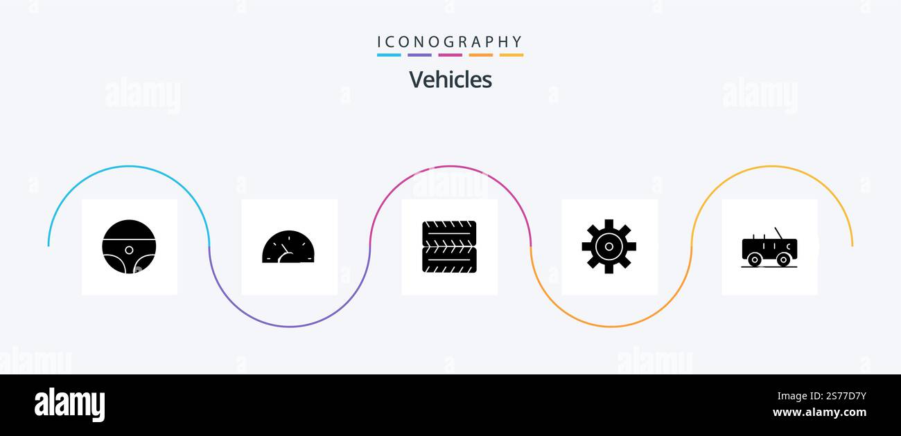 Veicoli Glyph 5 Icon Pack incluso . militare. ruota. jeep. configurazione del veicolo Illustrazione Vettoriale