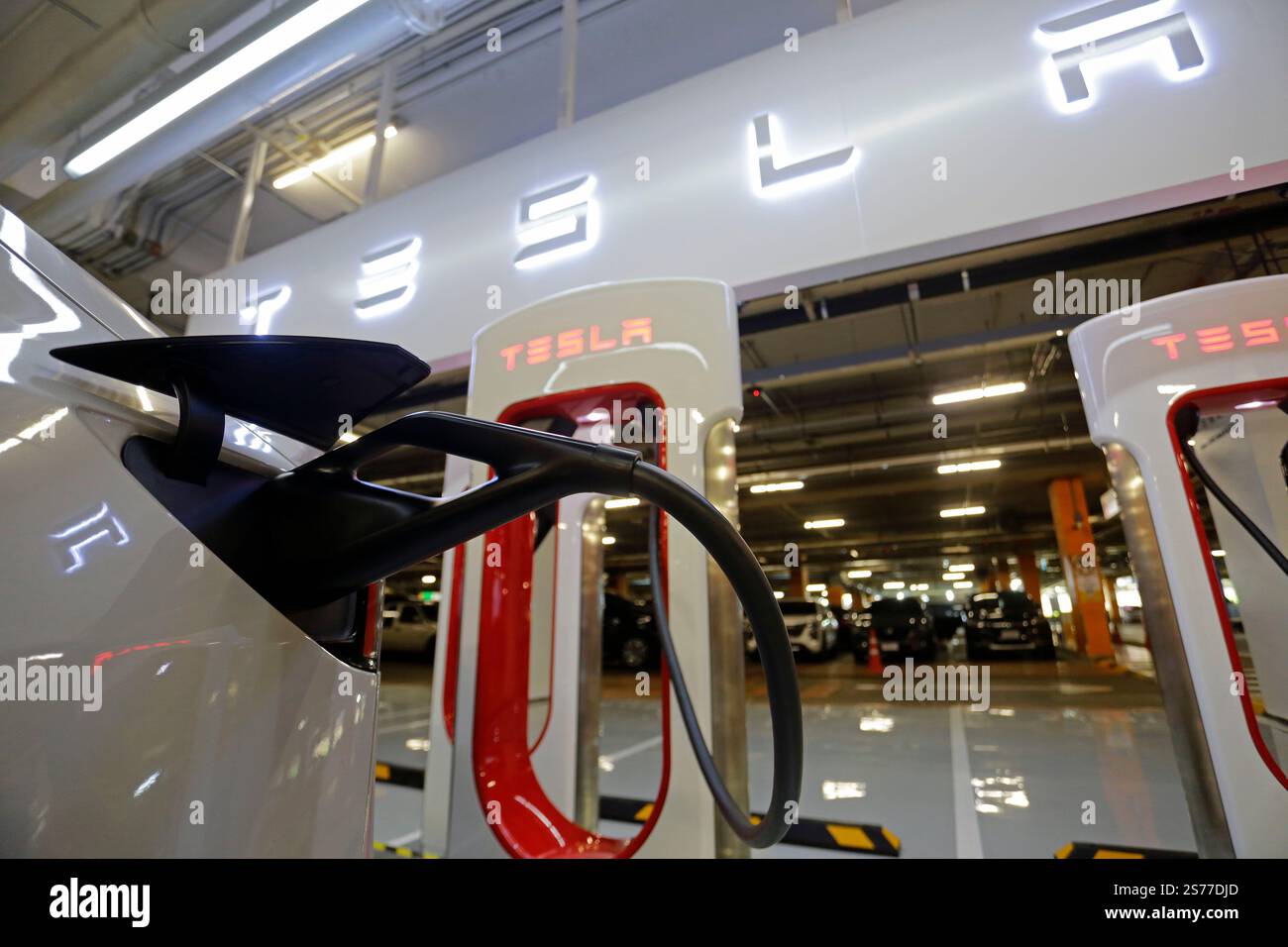 Bangkok, Thailandia - 17 febbraio 2023: L'auto elettrica Tesla viene caricata presso la nuovissima stazione di ricarica Tesla EV situata nel centro commerciale Centralworld. Foto Stock