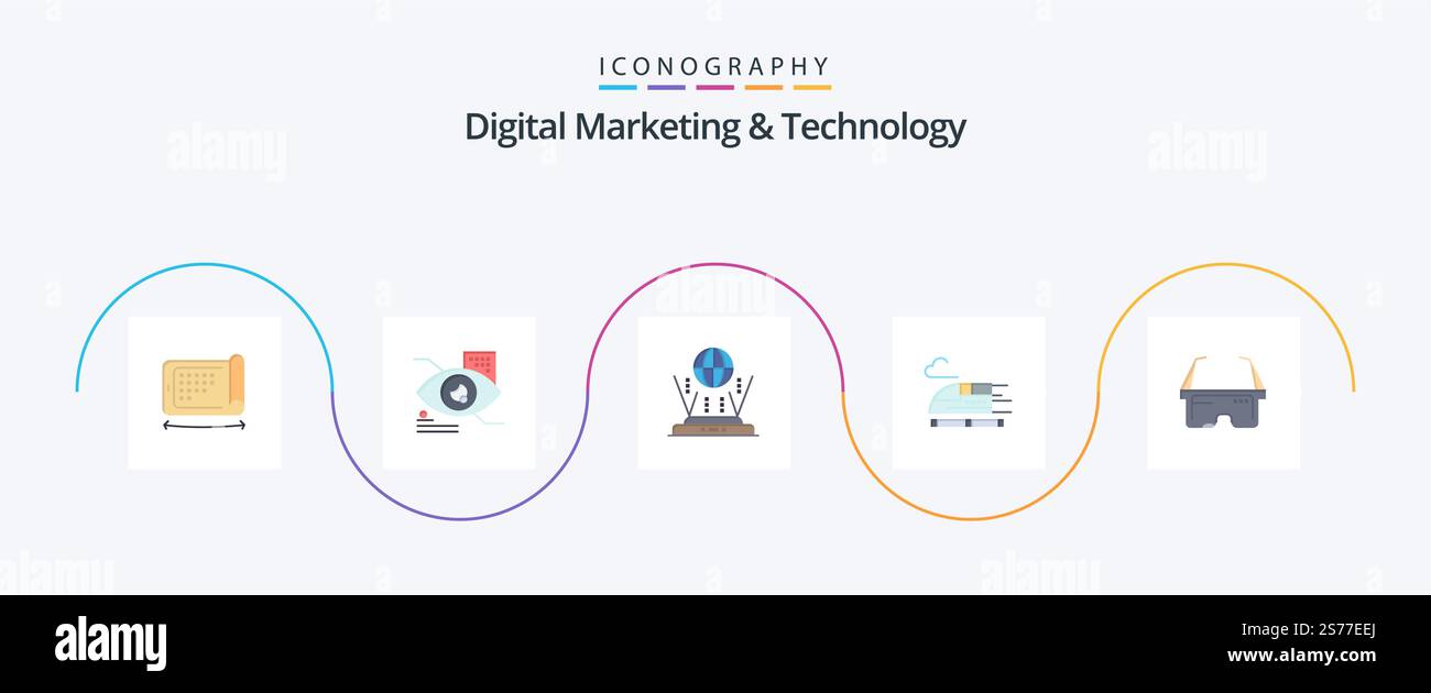 Digital Marketing and Technology Flat 5 Icon Pack, incluso il settore medico. virtuale. internet. trasporto. allenati Illustrazione Vettoriale