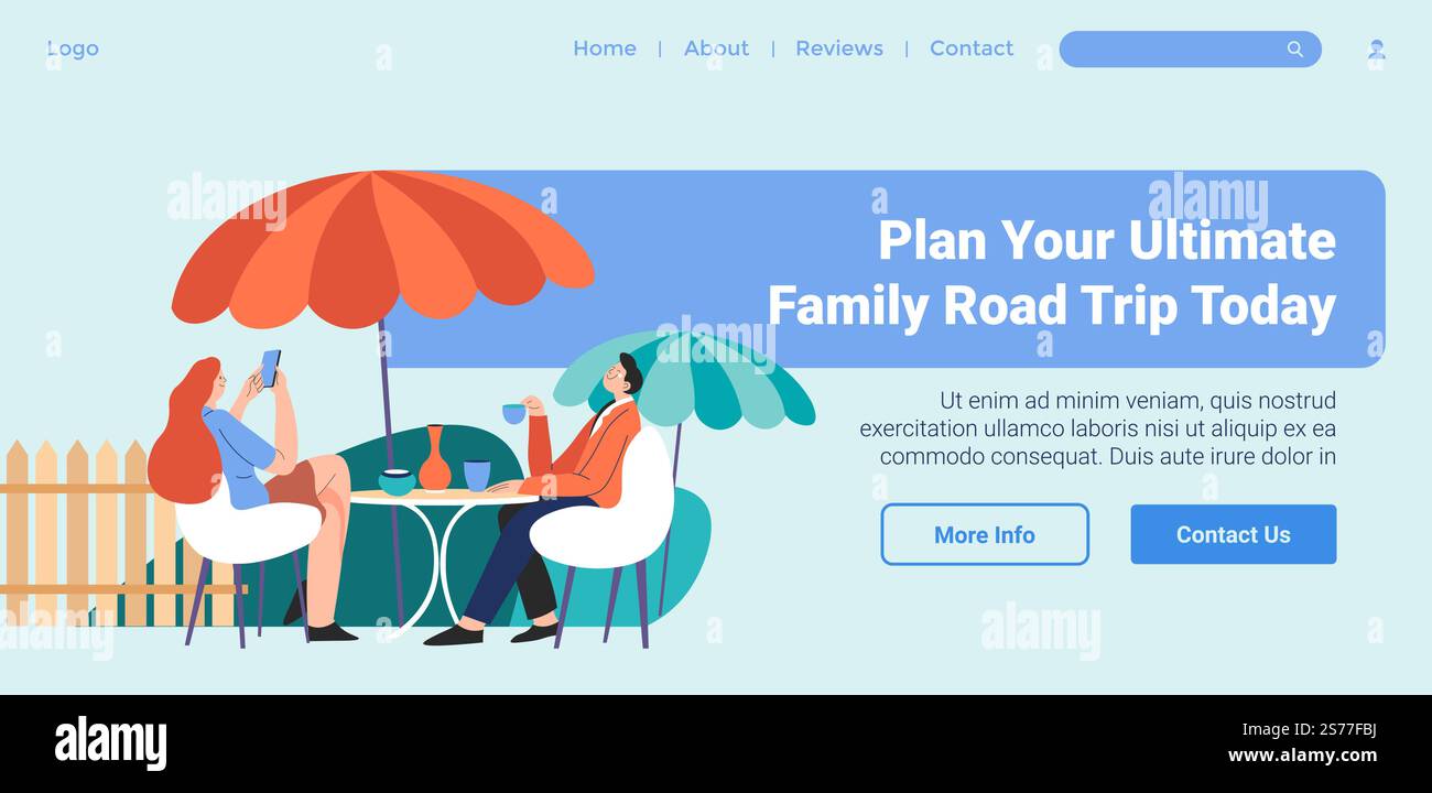 viaggio in famiglia, pianifica subito l'itinerario, pianifica le vacanze e le vacanze. Assistenza e assistenza turistica per i clienti. Modello di landing page del sito Web, pagina Internet online. Vettore in stile piatto. Pianifica oggi stesso il tuo viaggio in famiglia Illustrazione Vettoriale