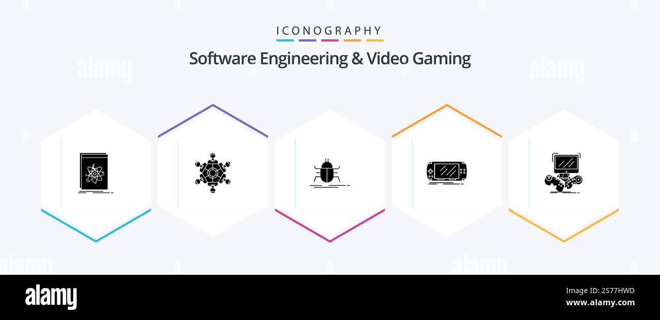 Software Engineering and Video Gaming 25 Glyph pacchetto icone compreso il gioco. console. giochi. virus. insetto Illustrazione Vettoriale