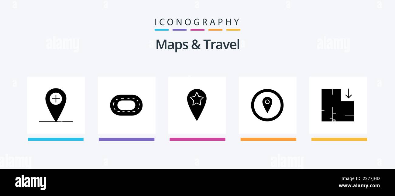 Mappe e Viaggi Glyph 5 pacchetto icone incluso . schema. stella. piano. marcatore mappa. Icone creative Design Illustrazione Vettoriale