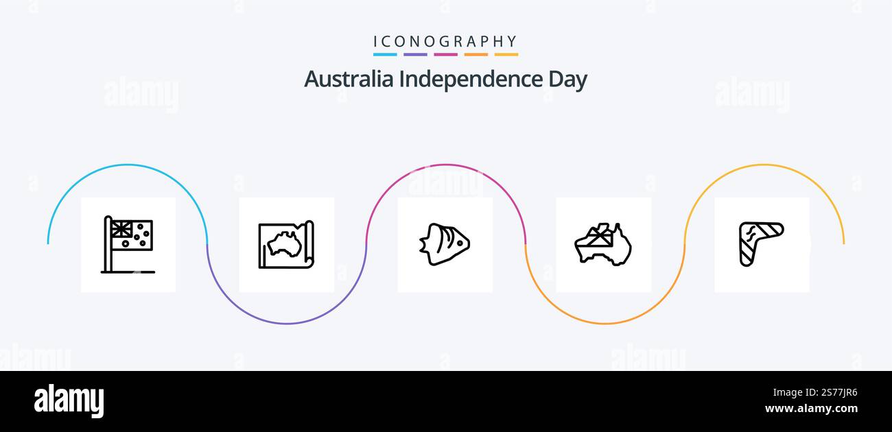 Pacchetto icone Australia Independence Day Line 5 incluso il paese. australia. mappa. banner. oceano Illustrazione Vettoriale
