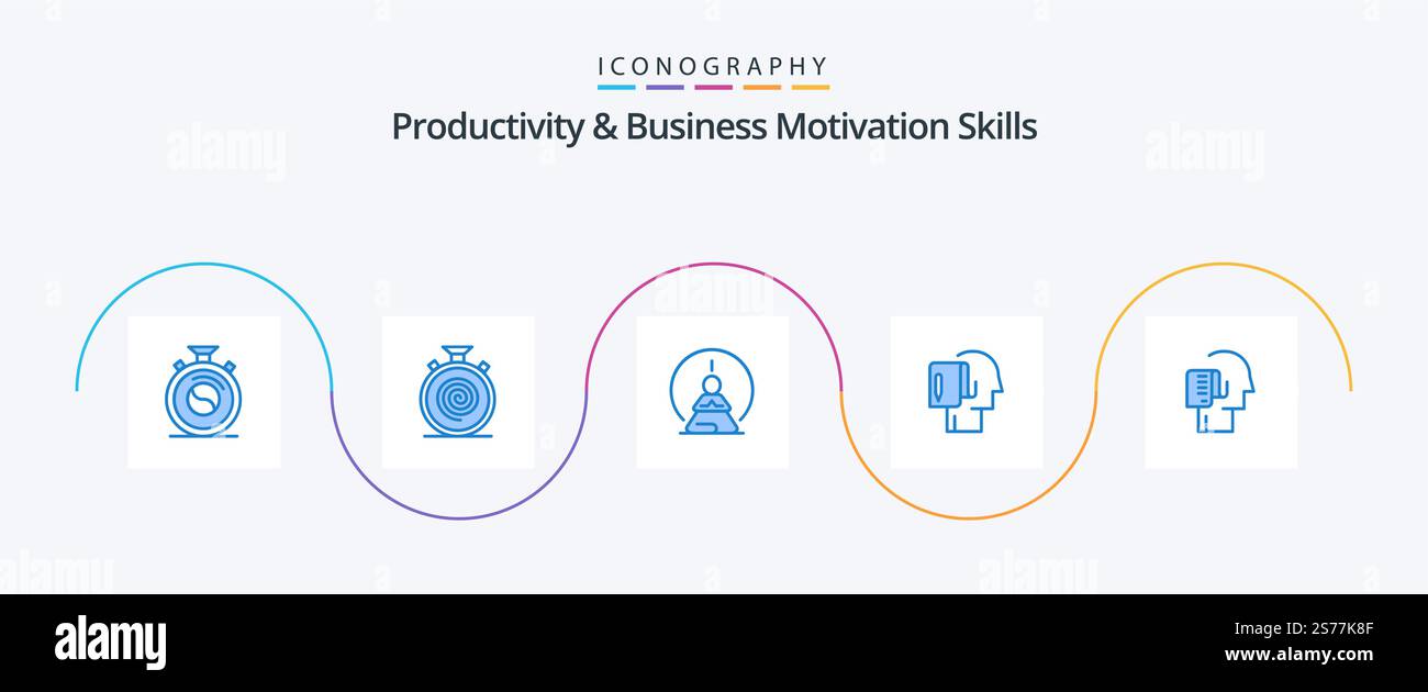 Competenze di produttività e motivazione aziendale pacchetto icone blu 5 con nota inclusa. iniziare da zero. lento. inizia. mentale Illustrazione Vettoriale