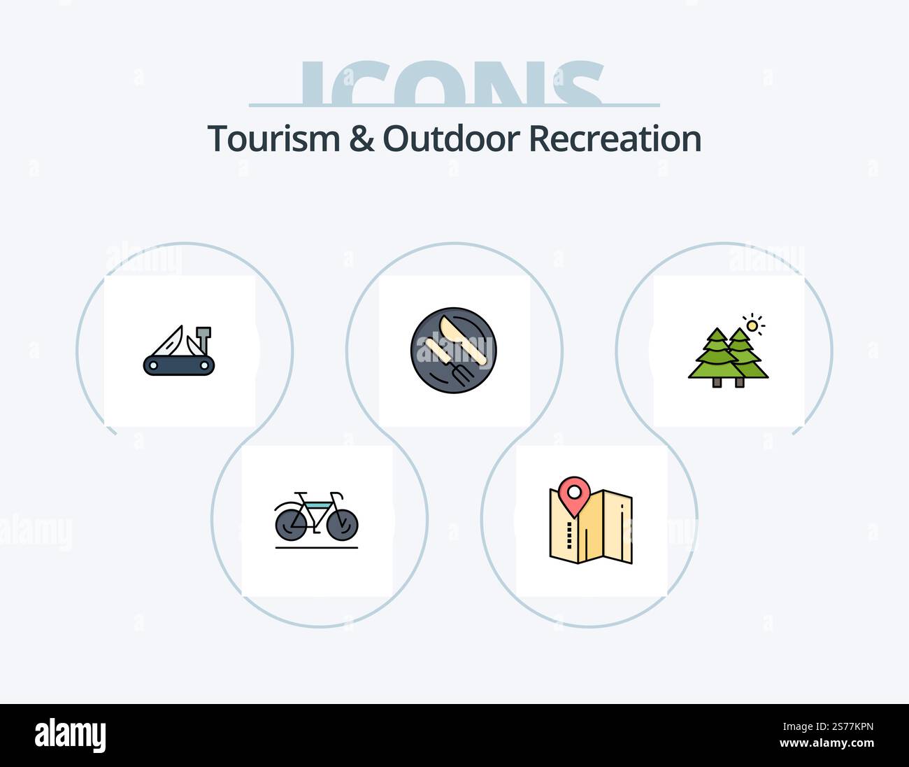 Tourism and Outdoor Recreation Line Ffilled Icon Pack 5 Icon Design. sport. movimento. caccia. bicicletta. coltello tascabile Illustrazione Vettoriale