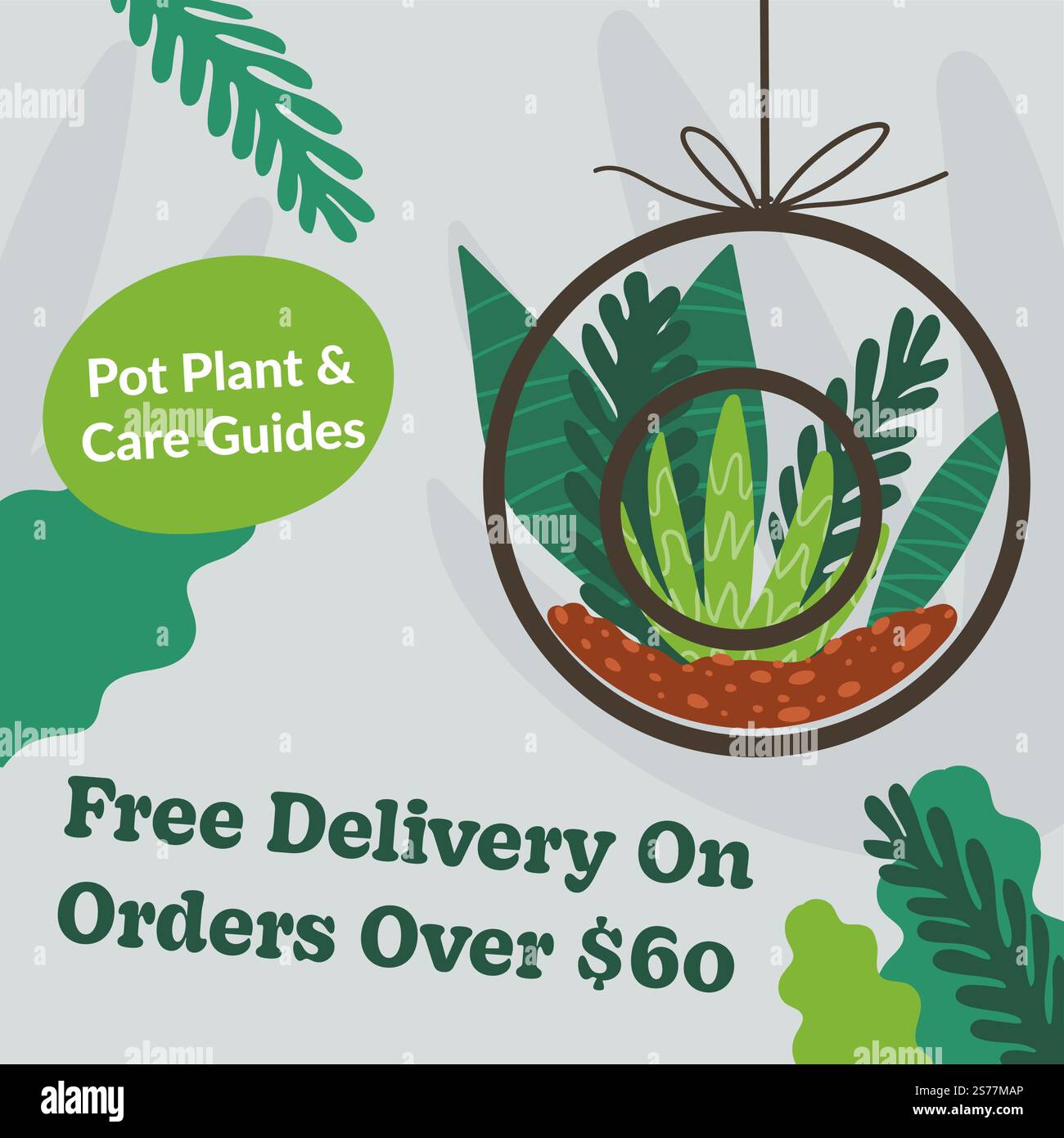 Negozi di fiori con consegna gratuita per ordini superiori a 60. Guide per l'impianto e la cura dei vasi per i nuovi proprietari. Decorazioni floreali e botaniche per la casa. Banner o pubblicità promozionale, vettoriale in stile piatto. Consegna gratuita su ordini superiori a 60, fiorai Illustrazione Vettoriale