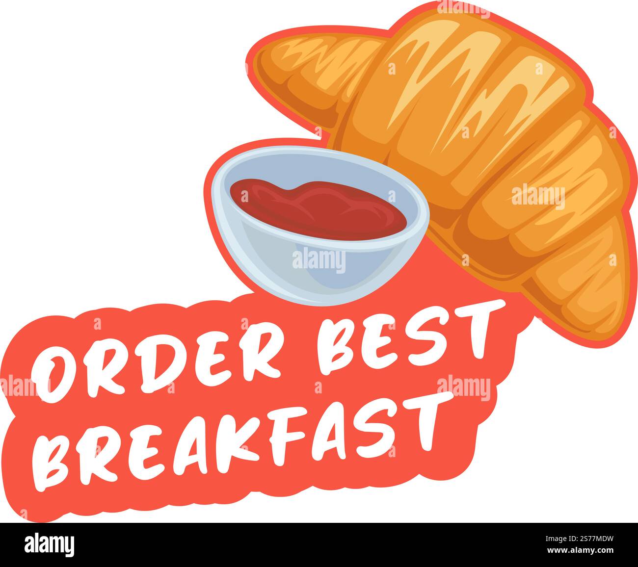 La caffetteria con croissant dessert offre ai clienti e ai clienti. Striscione promozionale isolato con tazza di salsa o tè e gustosa pasticceria dolce con marmellata o ripieno. Logotipo, vettore in stile piatto . Ordinate la colazione, la caffetteria con dessert croissant Illustrazione Vettoriale