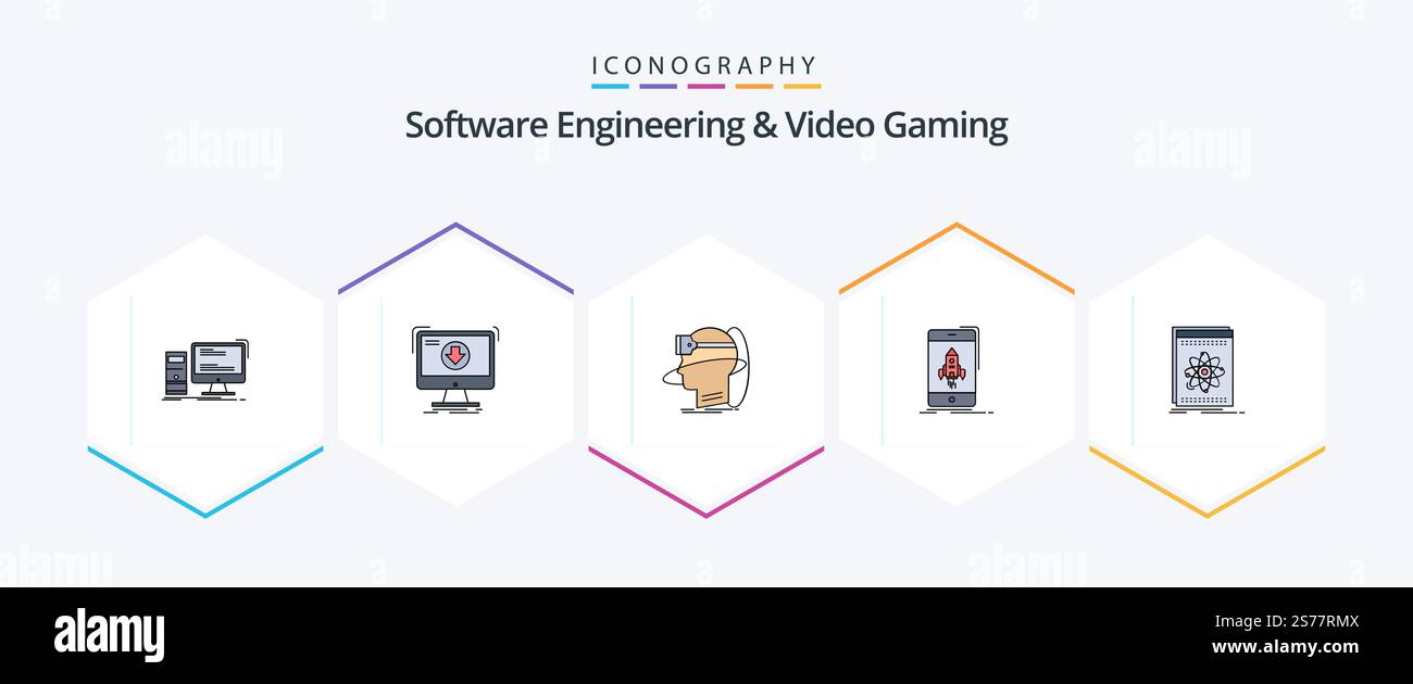 Software Engineering and Video Gaming 25 pacchetto icone FilledLine con giochi. vr. scarica. virtuale. realtà Illustrazione Vettoriale