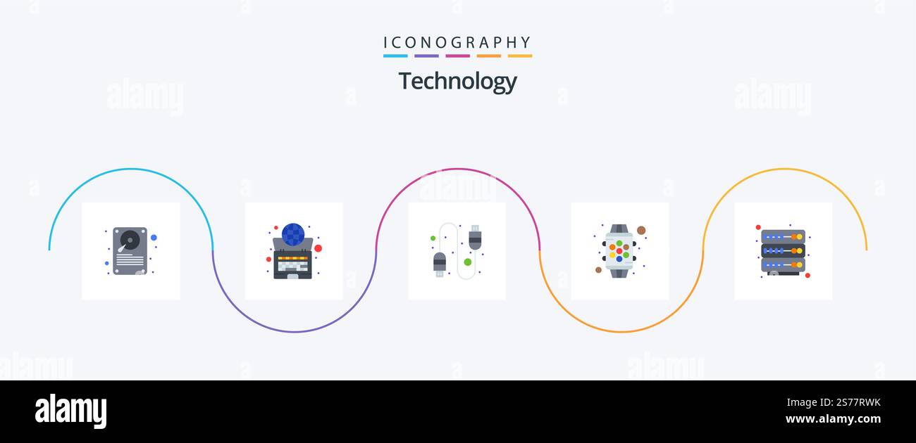 Technology Flat 5 Icon Pack incluso rack. funzione. notebook. guarda. dispositivo Illustrazione Vettoriale
