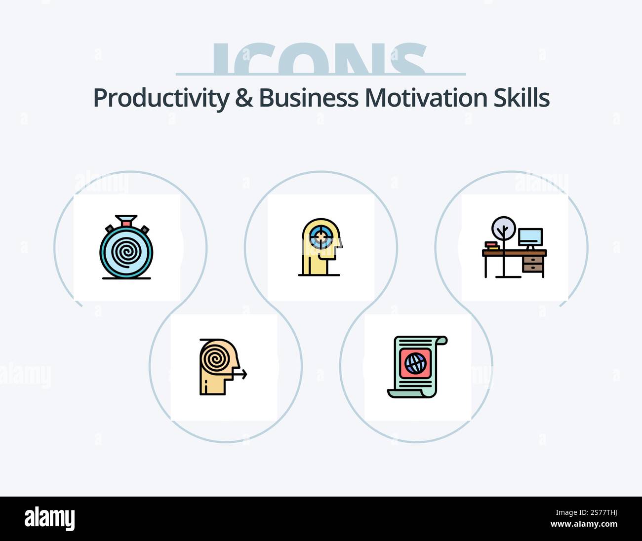 Competenze di produttività e motivazione aziendale linea riempita icona Pack 5 icona Design. nota. iniziare da zero. non stop. inizia. gioca Illustrazione Vettoriale