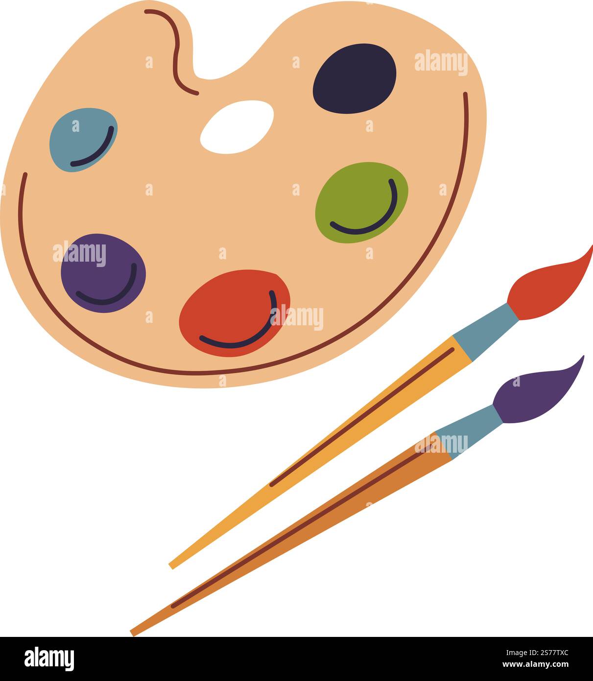 Forniture per scuole d'arte, tavolozza in legno isolata per mescolare colori, pennelli per pittura e disegno. Lezioni e lezioni di arte, apprendimento e studio, tecniche creative. Vettore in stile piatto. Lezioni di arte scolastica, tavolozza con colori e pennello Illustrazione Vettoriale