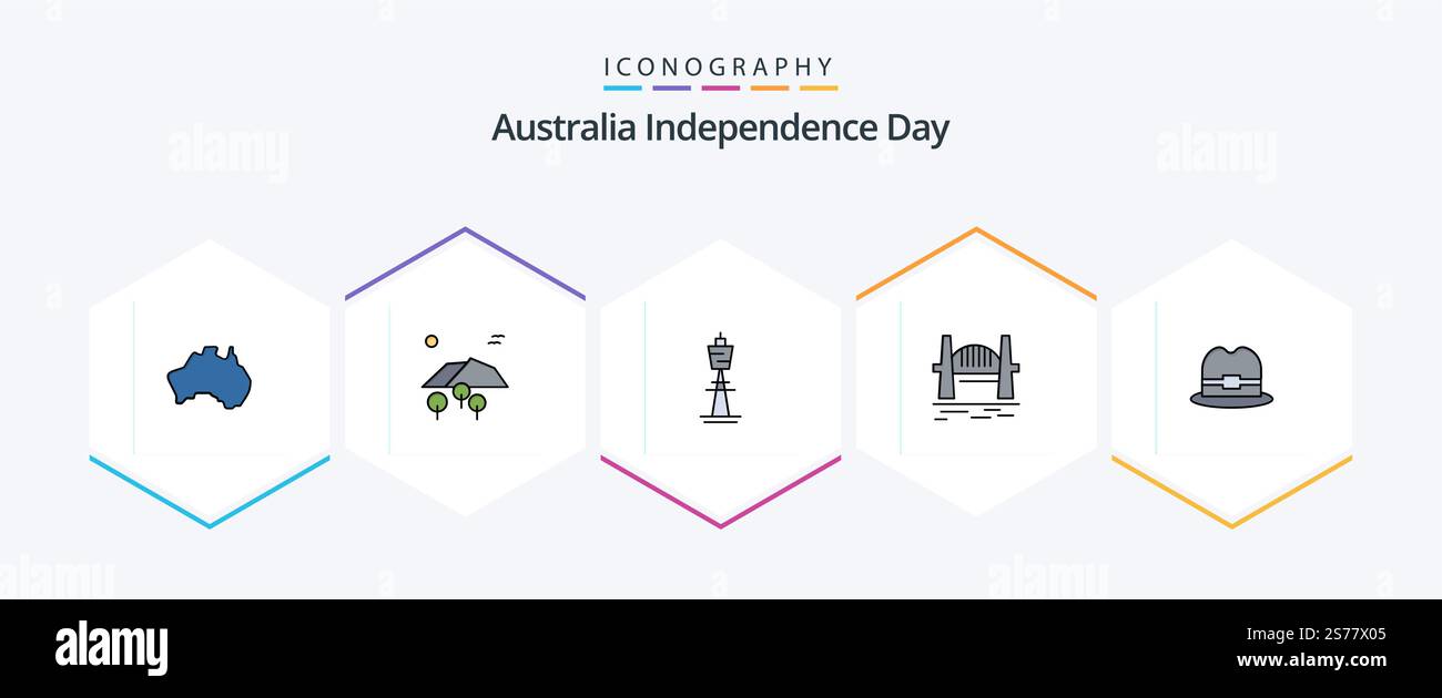 Pacchetto icone FilledLine per l'Australia Independence Day 25 con citysets inclusi. australia. uccelli. torre tv. sydney Illustrazione Vettoriale