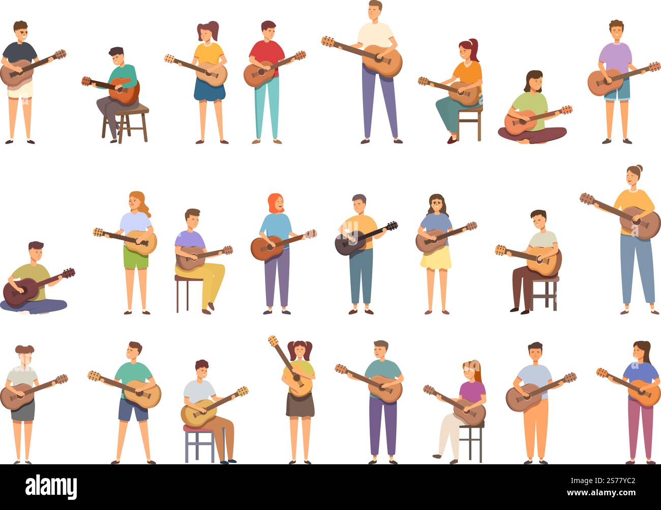 Le icone delle lezioni di chitarra impostano il vettore dei cartoni animati. Canzone dei bambini. Divano ragazzo. Le icone delle lezioni di chitarra impostano il vettore dei cartoni animati. Canzone dei bambini Illustrazione Vettoriale