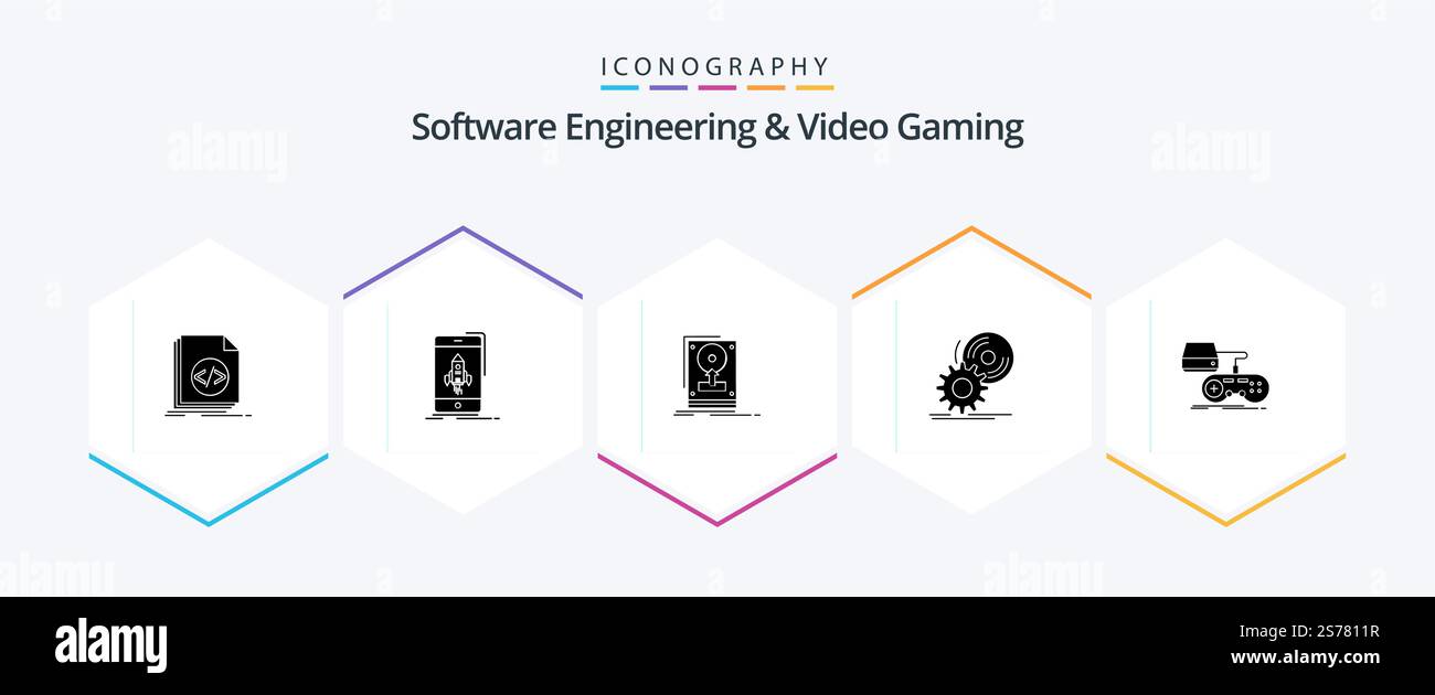 Software Engineering and Video Gaming 25 Glyph Icon Pack, installazione inclusa. cd. cellulare. carica. hdd Illustrazione Vettoriale