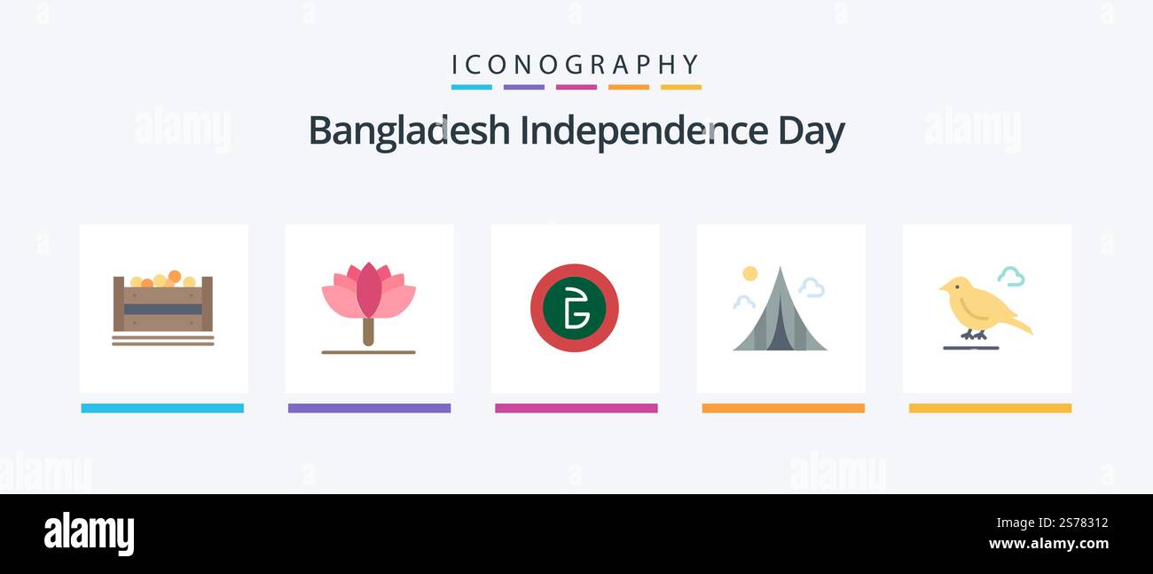 Bangladesh Independence Day Flat 5 pacchetto icone con uccello. punto di riferimento. business. estate. edificio. Icone creative Design Illustrazione Vettoriale