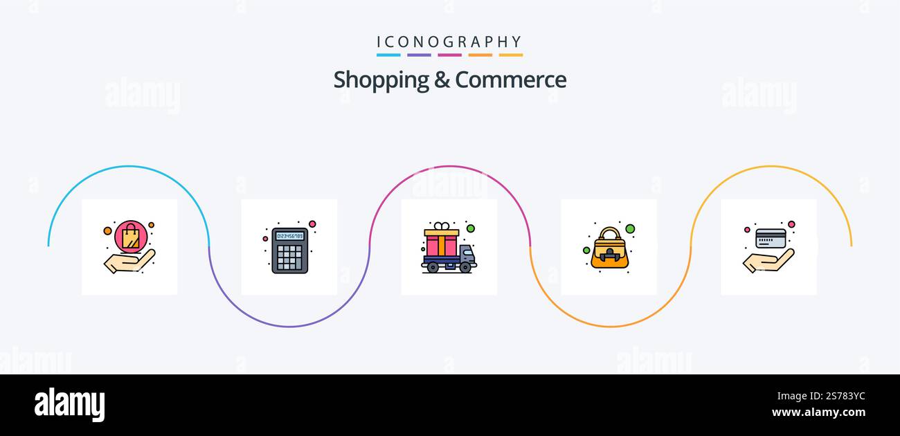 Shopping e Commercio linea piena Flat 5 Icon Pack, bancomat incluso. borsetta. carico. borsa da donna. camion Illustrazione Vettoriale