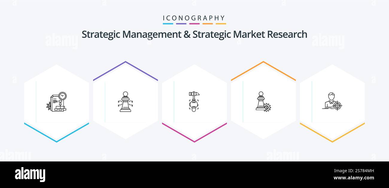Strategic Management and Strategic Market Research 25 Line Icon Focus incluso. operazione riuscita. martello. strategia. scacchi Illustrazione Vettoriale