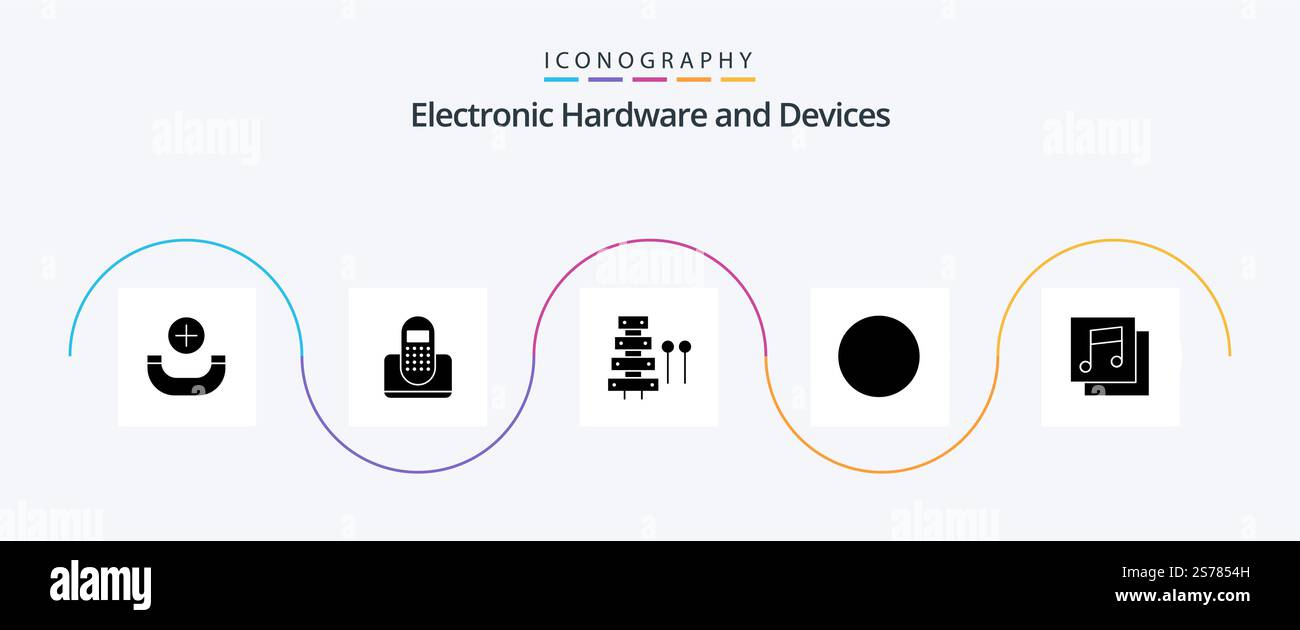 Dispositivi Glyph 5 Icon Pack, inclusi i supporti. wifi. audio. segnale. xilofono Illustrazione Vettoriale