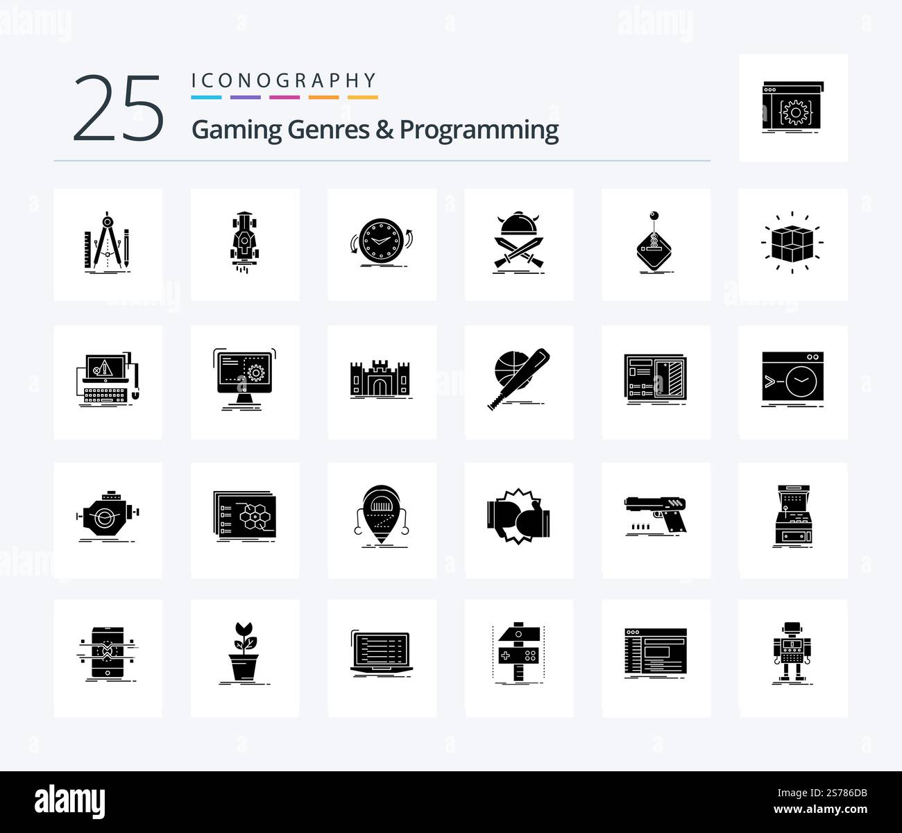 Generi di gioco e programmazione 25 Solid Glyph pacchetto icone compreso viking. battaglia. corse. tempo. in senso orario Illustrazione Vettoriale