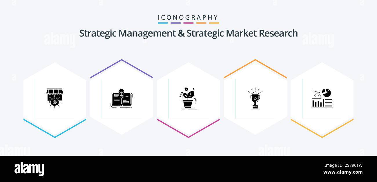 Strategic Management e Strategic Market Research 25 Glyph pacchetto icona compreso il successo. trofeo. pianta. premio. tazza Illustrazione Vettoriale