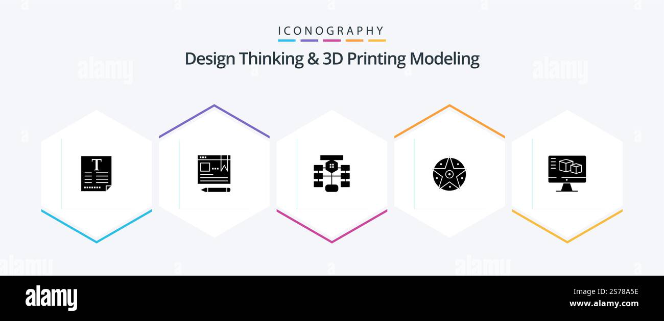 Design Thinking e D Printing Modeling 25 Glyph pacchetto icone compreso il computer. progetto. diagramma di flusso. satanico. database Illustrazione Vettoriale