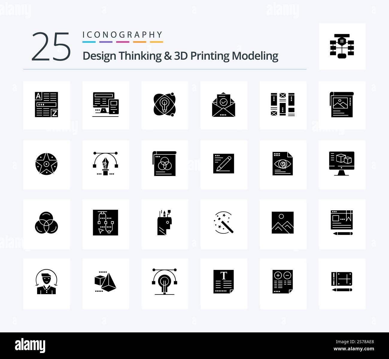 Design Thinking e D Printing Modeling 25 Solid Glyph Icon sketching. istruzione. atomo. busta. posta Illustrazione Vettoriale