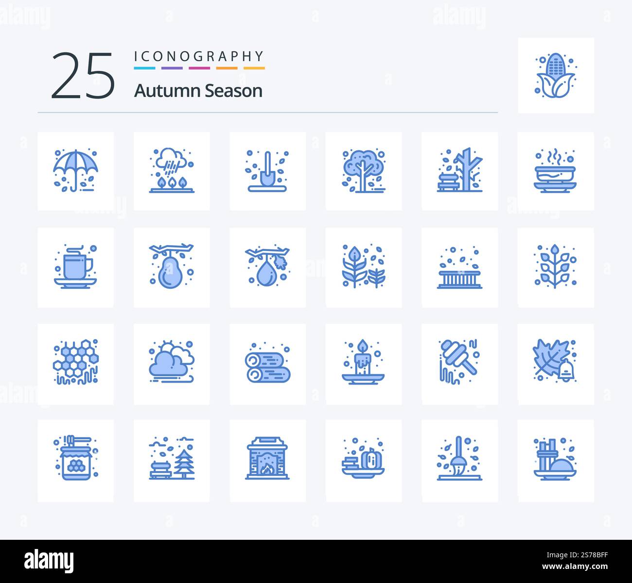 Autunno 25 pacchetto icone colore blu con ciotola. pianta. autunno. caduta. pala Illustrazione Vettoriale